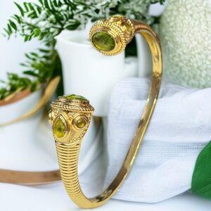 Luxury 18k Gold Plated Genuine Peridot Gemstone Bangle Cuff Bracelet